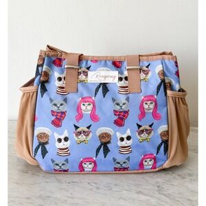 Rongrong DeVoe Cat Print Insulated Lunch Tote Bag‎ Blue Tan